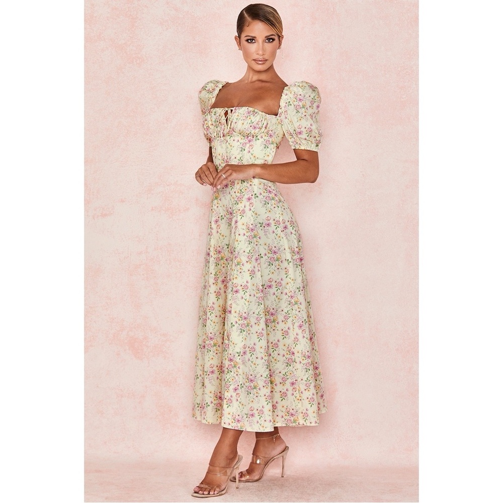 House of CB Tallulah Puff Sleeve Corset Midi Sundress in Lemon Floral - Picture 2 of 14